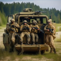 5 combatants in military fatigue, armed with assault rifles, missile launcher and radio in a rugged terrain vehicle