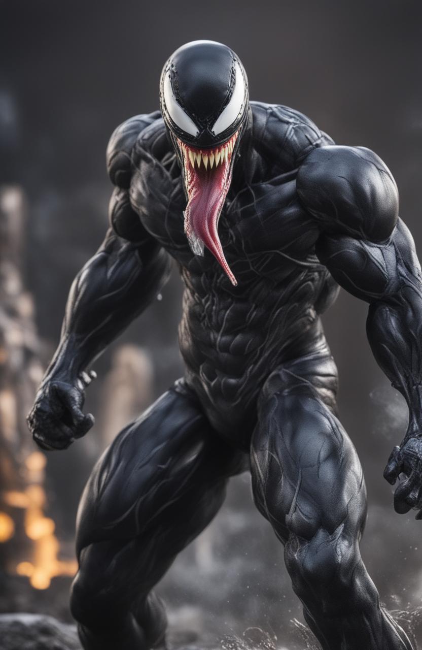 A high-definition digital photograph of the Marvel Legends character, Venom, taken with a 200mm lens