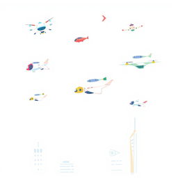 A handmade, minimalist illustration featuring a variety of futuristic flying aircraft, including drones and advanced flying machines, all designed in a whimsical, child-friendly style