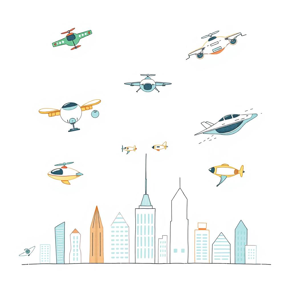 A handmade, minimalist illustration featuring a variety of futuristic flying aircraft, including drones and advanced flying machines, all designed in a whimsical, child-friendly style