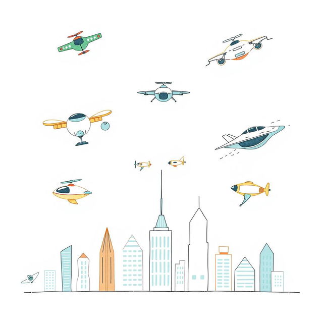 A handmade, minimalist illustration featuring a variety of futuristic flying aircraft, including drones and advanced flying machines, all designed in a whimsical, child-friendly style