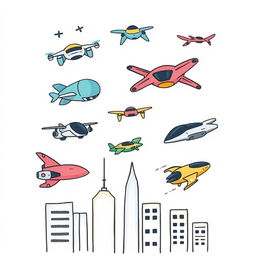 A handmade, minimalist illustration featuring a variety of futuristic flying aircraft, including drones and advanced flying machines, all designed in a whimsical, child-friendly style