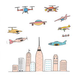A handmade, minimalist illustration featuring a variety of futuristic flying aircraft, including drones and advanced flying machines, all designed in a whimsical, child-friendly style