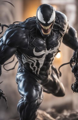 A high-definition digital photograph of the Marvel Legends character, Venom, taken with a 200mm lens