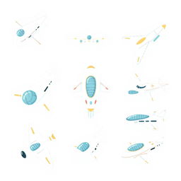 A handmade, minimalist illustration featuring a variety of futuristic flying vehicles, including innovative airplanes, drones, and imaginative flying machines