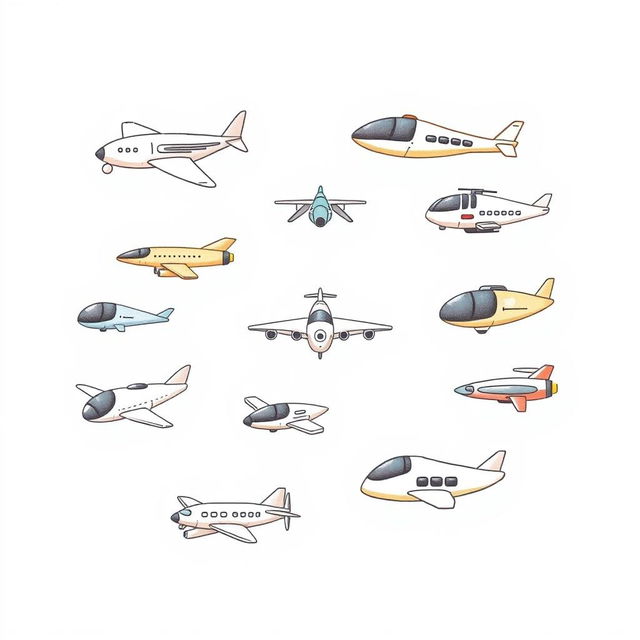 A handmade, minimalist illustration featuring a variety of futuristic flying vehicles, including innovative airplanes, drones, and imaginative flying machines