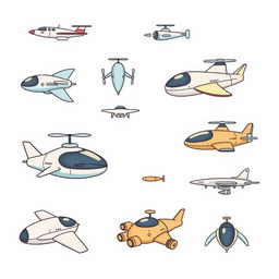 A handmade, minimalist illustration featuring a variety of futuristic flying vehicles, including innovative airplanes, drones, and imaginative flying machines