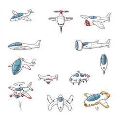 A handmade, minimalist illustration featuring a variety of futuristic flying vehicles, including innovative airplanes, drones, and imaginative flying machines