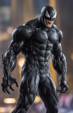 A high-definition digital photograph of the Marvel Legends character, Venom, taken with a 200mm lens