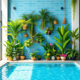 An interior pool wall decoration featuring lush greenery and tropical plants
