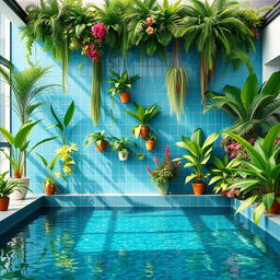 An interior pool wall decoration featuring lush greenery and tropical plants