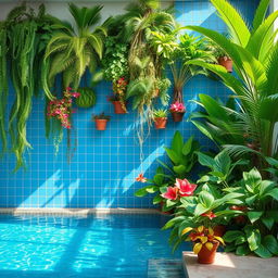 An interior pool wall decoration featuring lush greenery and tropical plants