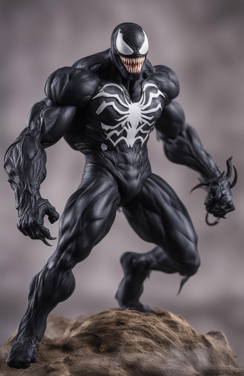 A high-definition digital photograph of the Marvel Legends character, Venom, taken with a 200mm lens