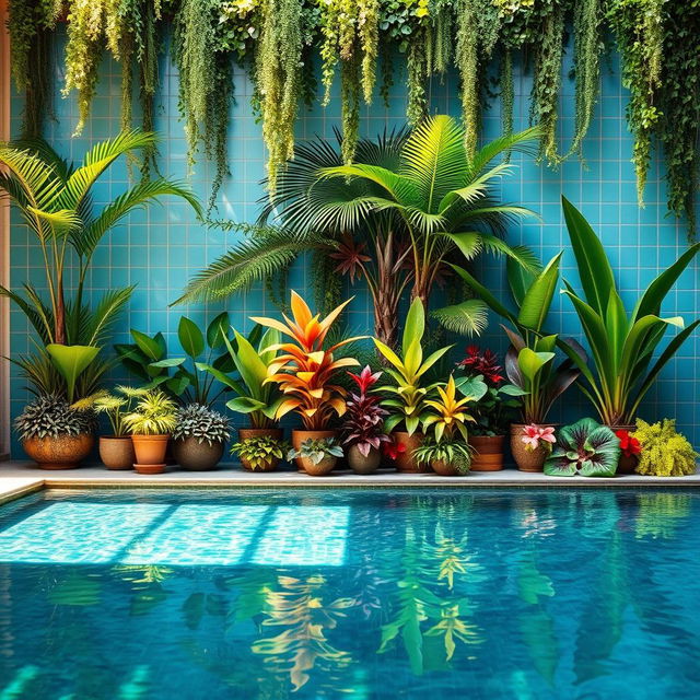 An interior pool wall decoration featuring lush greenery and tropical plants