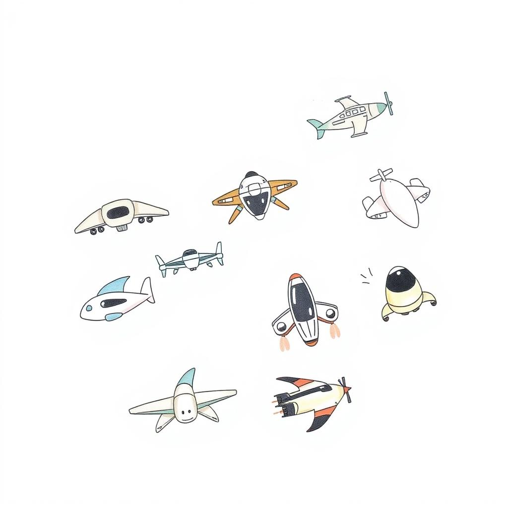 A handmade, minimalist illustration featuring a variety of futuristic flying vehicles, including unique designs of airplanes, drones, and imagined flying machines