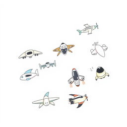 A handmade, minimalist illustration featuring a variety of futuristic flying vehicles, including unique designs of airplanes, drones, and imagined flying machines