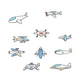 A handmade, minimalist illustration featuring a variety of futuristic flying vehicles, including unique designs of airplanes, drones, and imagined flying machines