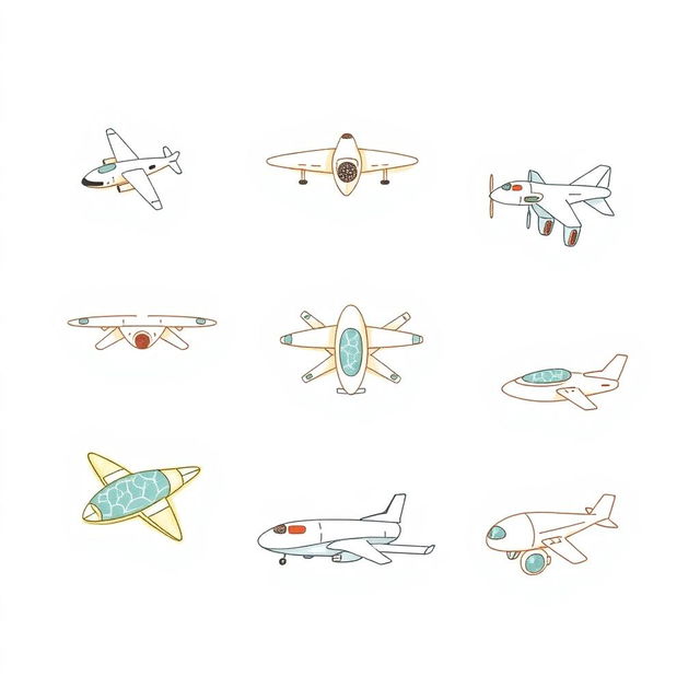 A handmade, minimalist illustration featuring a variety of futuristic flying vehicles, including unique designs of airplanes, drones, and imagined flying machines