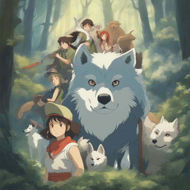 A high-quality digital art image of characters from Studio Ghibli's Princess Mononoke, including San, the wolf-gods, and the Forest Spirit, rendered in Studio Ghibli's distinctive style