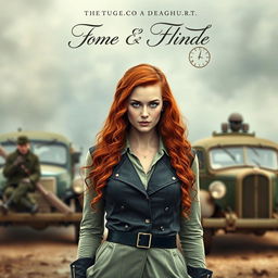 A captivating book cover for a historical fiction novel, featuring a modern woman with striking gray blue eyes, pale skin, and long, curly red hair