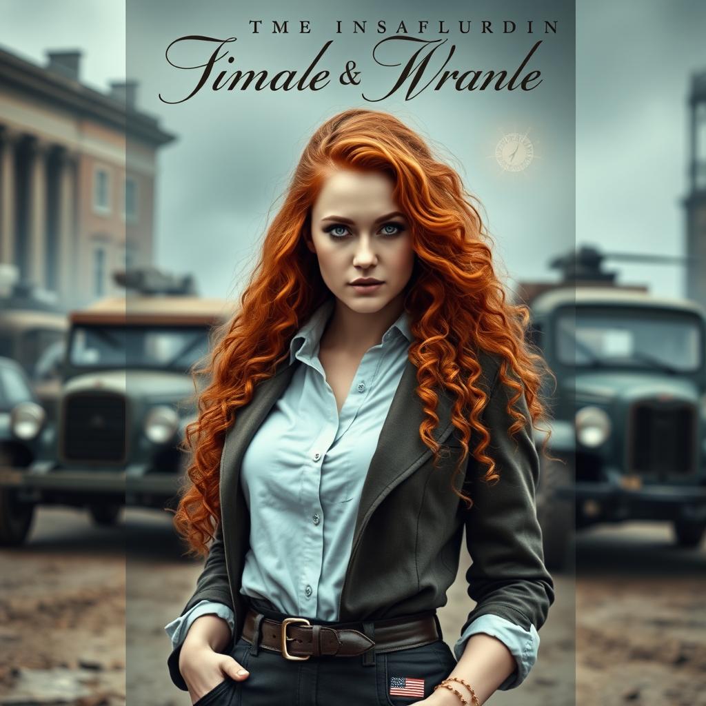 A captivating book cover for a historical fiction novel, featuring a modern woman with striking gray blue eyes, pale skin, and long, curly red hair