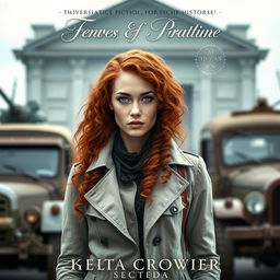 A captivating book cover for a historical fiction novel, featuring a modern woman with striking gray blue eyes, pale skin, and long, curly red hair
