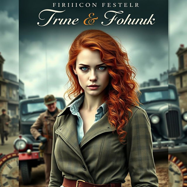 A captivating book cover for a historical fiction novel, featuring a modern woman with striking gray blue eyes, pale skin, and long, curly red hair