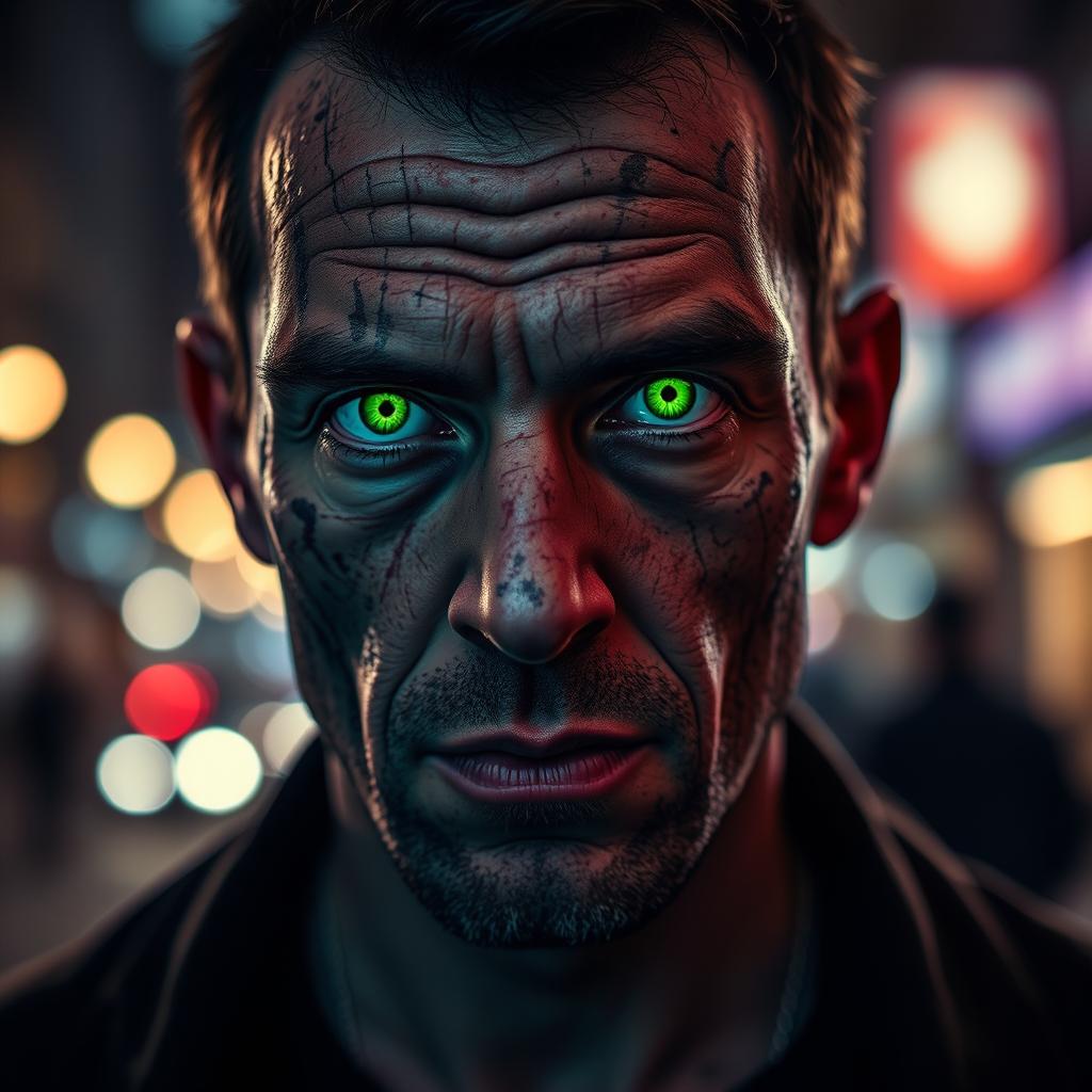 A close-up portrait of a man with a scarred face, showcasing intricate scars and textures on his skin