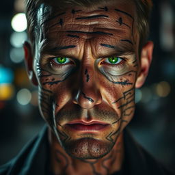 A close-up portrait of a man with a scarred face, showcasing intricate scars and textures on his skin
