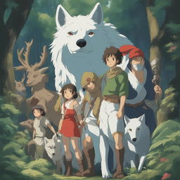 A high-quality digital art image of characters from Studio Ghibli's Princess Mononoke, including San, the wolf-gods, and the Forest Spirit, rendered in Studio Ghibli's distinctive style