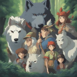 A high-quality digital art image of characters from Studio Ghibli's Princess Mononoke, including San, the wolf-gods, and the Forest Spirit, rendered in Studio Ghibli's distinctive style