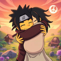 A stylized cartoon depiction of a fictional character named Homer Uchiha, characterized by his recognizable features like spiky black hair and a ninja headband, warmly hugging a significant figure portrayed with a gentle demeanor and a visible baby bump, representing George Floyd