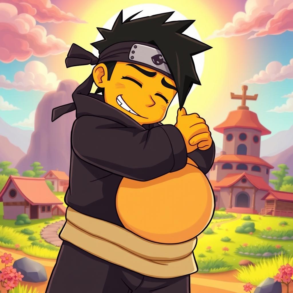 A stylized cartoon depiction of a fictional character named Homer Uchiha, characterized by his recognizable features like spiky black hair and a ninja headband, warmly hugging a significant figure portrayed with a gentle demeanor and a visible baby bump, representing George Floyd