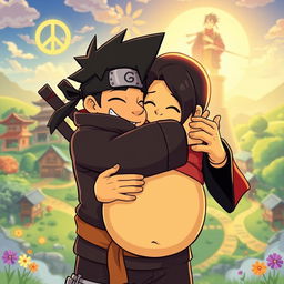 A stylized cartoon depiction of a fictional character named Homer Uchiha, characterized by his recognizable features like spiky black hair and a ninja headband, warmly hugging a significant figure portrayed with a gentle demeanor and a visible baby bump, representing George Floyd