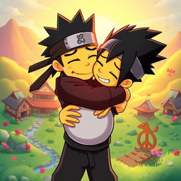 A stylized cartoon depiction of a fictional character named Homer Uchiha, characterized by his recognizable features like spiky black hair and a ninja headband, warmly hugging a significant figure portrayed with a gentle demeanor and a visible baby bump, representing George Floyd