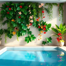 An interior pool wall decoration featuring artificial plants