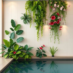 An interior pool wall decoration featuring artificial plants