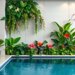 An interior pool wall decoration featuring artificial plants