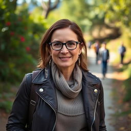 A vibrant portrait of a 40-year-old woman named Emma, captured during a serene outdoor setting such as a lush park or a scenic trail
