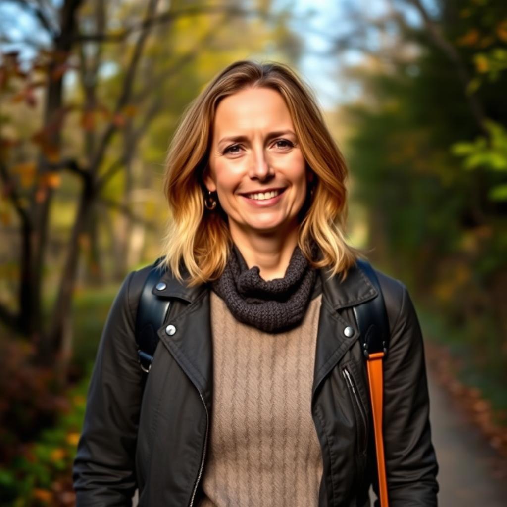 A vibrant portrait of a 40-year-old woman named Emma, captured during a serene outdoor setting such as a lush park or a scenic trail