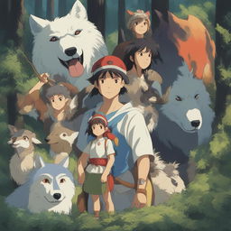 A high-quality digital art image of characters from Studio Ghibli's Princess Mononoke, including San, the wolf-gods, and the Forest Spirit, rendered in Studio Ghibli's distinctive style