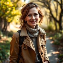 A vibrant portrait of a 40-year-old woman named Emma, captured during a serene outdoor setting such as a lush park or a scenic trail
