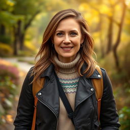 A vibrant portrait of a 40-year-old woman named Emma, captured during a serene outdoor setting such as a lush park or a scenic trail