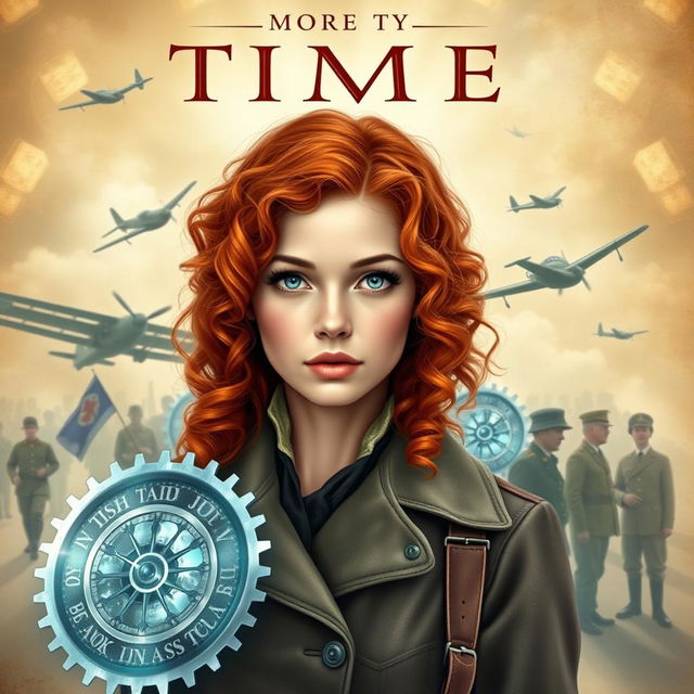 A stunning book cover for a historical fiction novel, depicting a modern woman with striking gray blue eyes, pale skin, and long, curly red hair