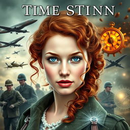 A stunning book cover for a historical fiction novel, depicting a modern woman with striking gray blue eyes, pale skin, and long, curly red hair