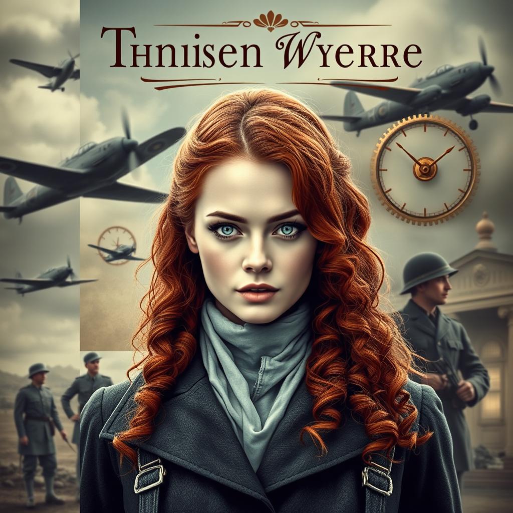 A stunning book cover for a historical fiction novel, depicting a modern woman with striking gray blue eyes, pale skin, and long, curly red hair