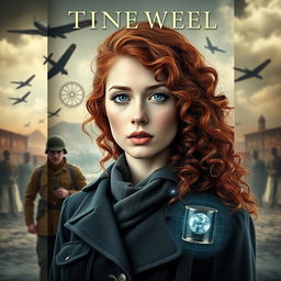 A stunning book cover for a historical fiction novel, depicting a modern woman with striking gray blue eyes, pale skin, and long, curly red hair