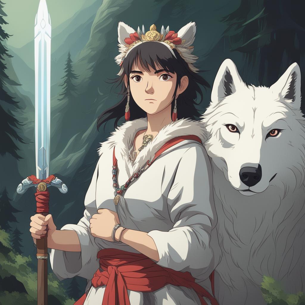 A high-definition digital art illustration of the character from Studio Ghibli's Princess Mononoke, standing with determination