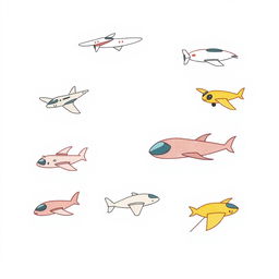 An even more handmade, minimalist illustration featuring a variety of futuristic flying vehicles, including playful designs of airplanes, drones, and imaginative flying machines