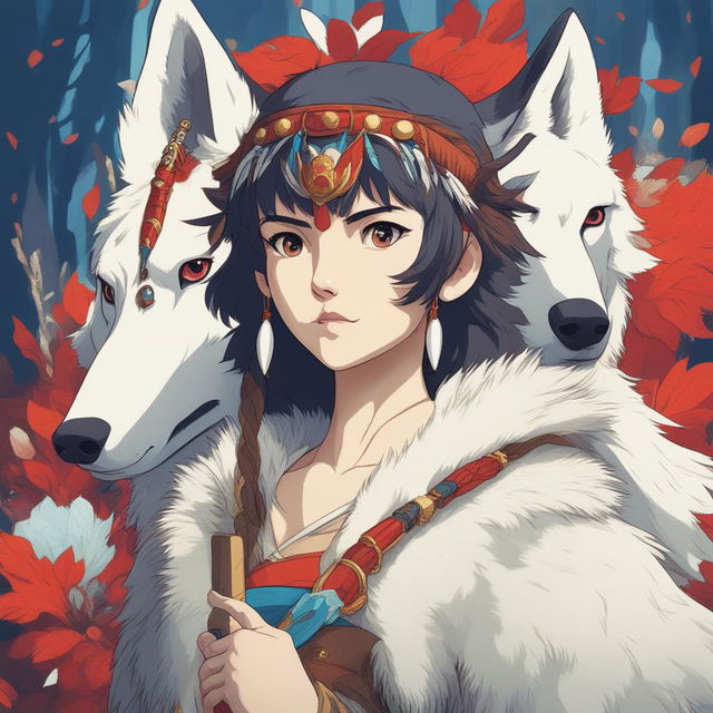 A high-definition digital art illustration of the character from Studio Ghibli's Princess Mononoke, standing with determination